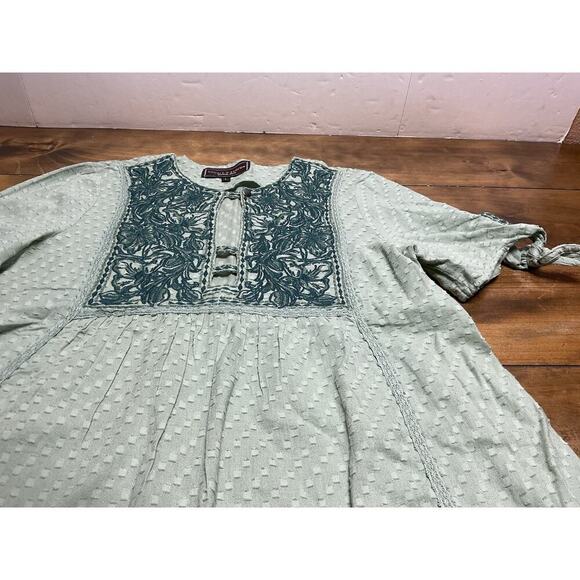 Double D Ranch Embroidered Top Women's Large Green Tie Sleeve BOHO Western - Picture 6 of 12